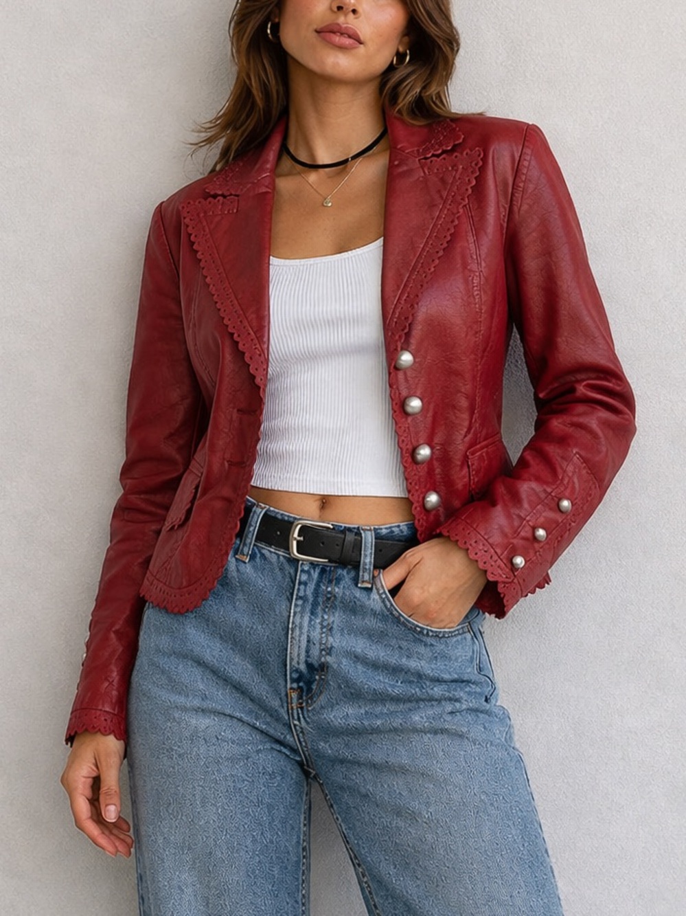 Vintage Western Cami Cherry Red Scalloped Edge Leather Jacket